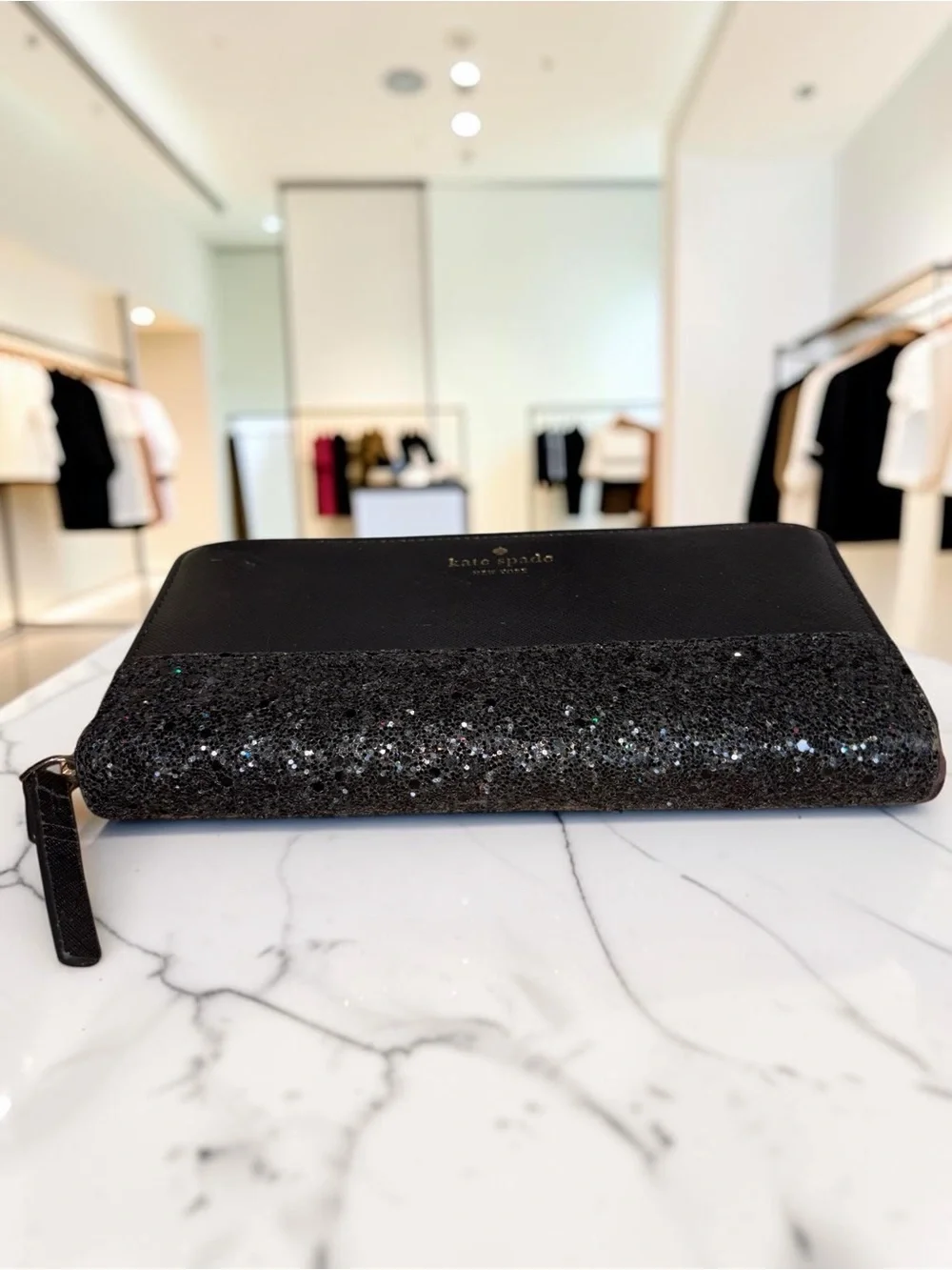 kate spade Black Glitter-Trim Zip Around Wallet